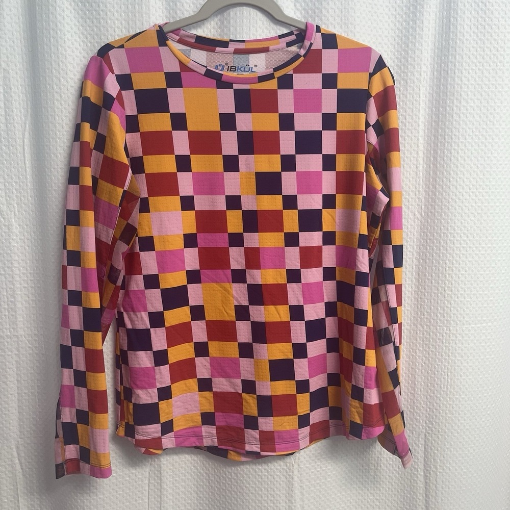 IBKUL Annalise UPF50 Cool Vent Quick Dry Long Sleeve Tee Large Pink Orange Check